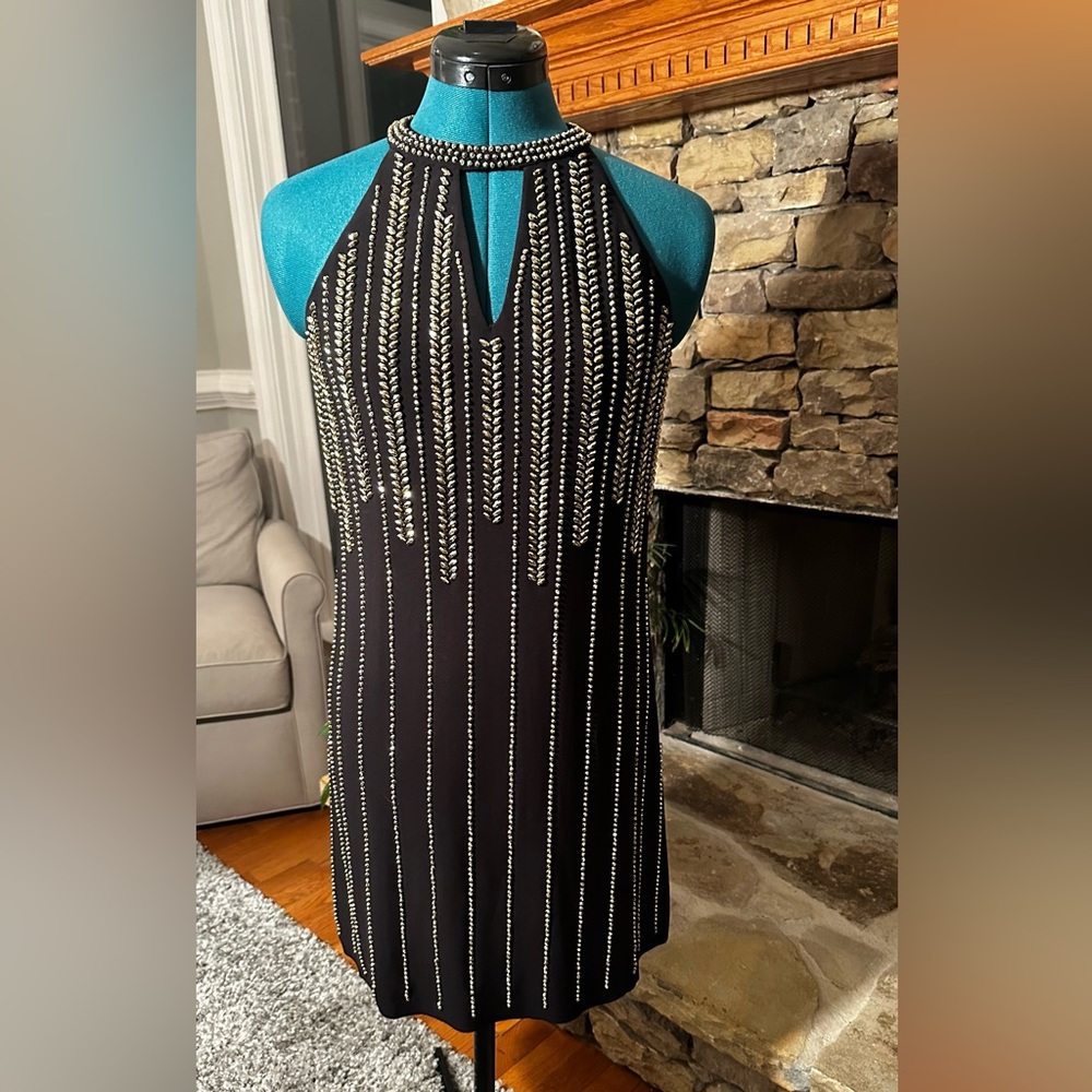 Betsy and Adam Stunning black cocktail dress with gold beading, size 2